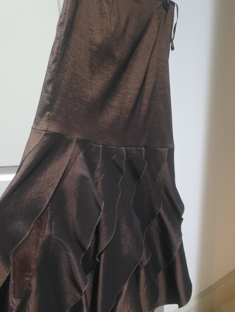Tiered Ruffle Maxi Skirt in Dark Brown Satin
